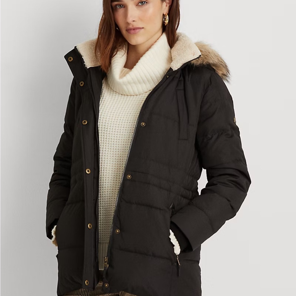 Lauren Ralph Lauren Womens Faux Fur Trim Hooded Down Puffer Coat Black Petite XS